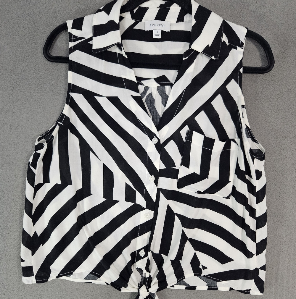 Evereve Womens Small Button Up Shirt Front Tie Black Geometric Stripe Sleeveless
